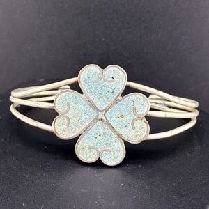 Vintage Mexican Cuff Bracelet Silver‎ Tone 4 Leaf Clover 5.5"